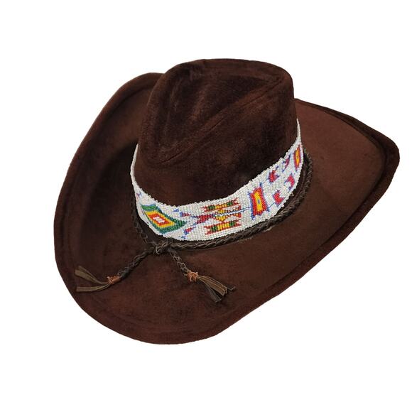 American Vintage Other - Vintage 80s Cowboy Brown Velour Cowboy Hat Native American Beaded Hatband USA
